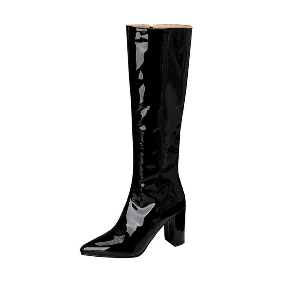 BLXQPYT Stivali alti al ginocchio Donna Pelle verniciata Blocco nero Tacchi alti Cerniera Punta a punta Abito da festa Stivali lunghi da sposa 168-12-1