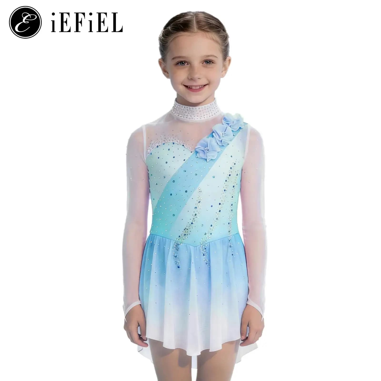 Bambini Ragazze Pattinaggio di Figura Vestito Ginnastica Body Sheer Mesh Maniche Lunghe Fiori 3D Strass Sfumatura di Colore Balletto Dancewear