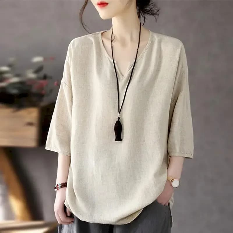 T-shirt in cotone e lino T-shirt da donna Art Vintage con maniche a tre quarti Moda Pullover con scollo a V allentato Top T-shirt sottile di tendenza estiva