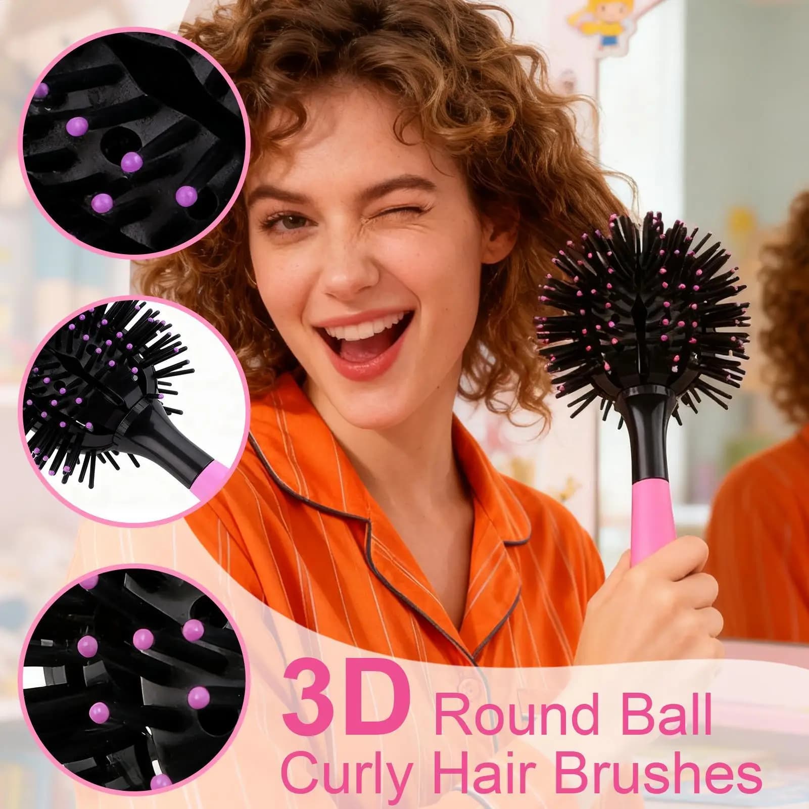 Spazzola professionale per capelli ricci Spazzola rotonda levigante delicata per riccioli senza crespo Strumento portatile per capelli da viaggio per donne, salone, casa
