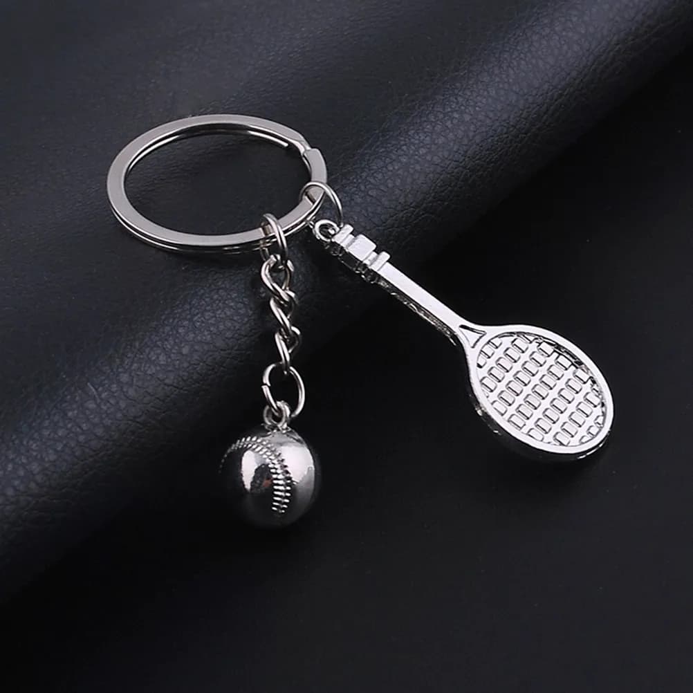 Tennis Keychain Silver Metal Pendant Sports Theme Party Gift For Car Phone Bag, Tennis Ball Racket Keyring Holder Decorative