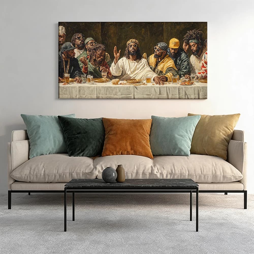 Painted on canvas with large wooden frame, 1 piece, Last Supper, urban clothing.