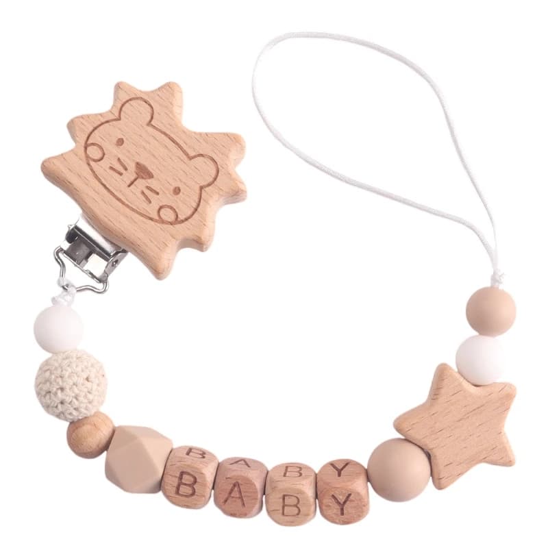 Simpatico leone e stella personalizzabili in faggio lettera inglese nome clip in faggio per bambini catenelle per ciuccio pendenti per massaggiagengive regalo per bambini Kawaii