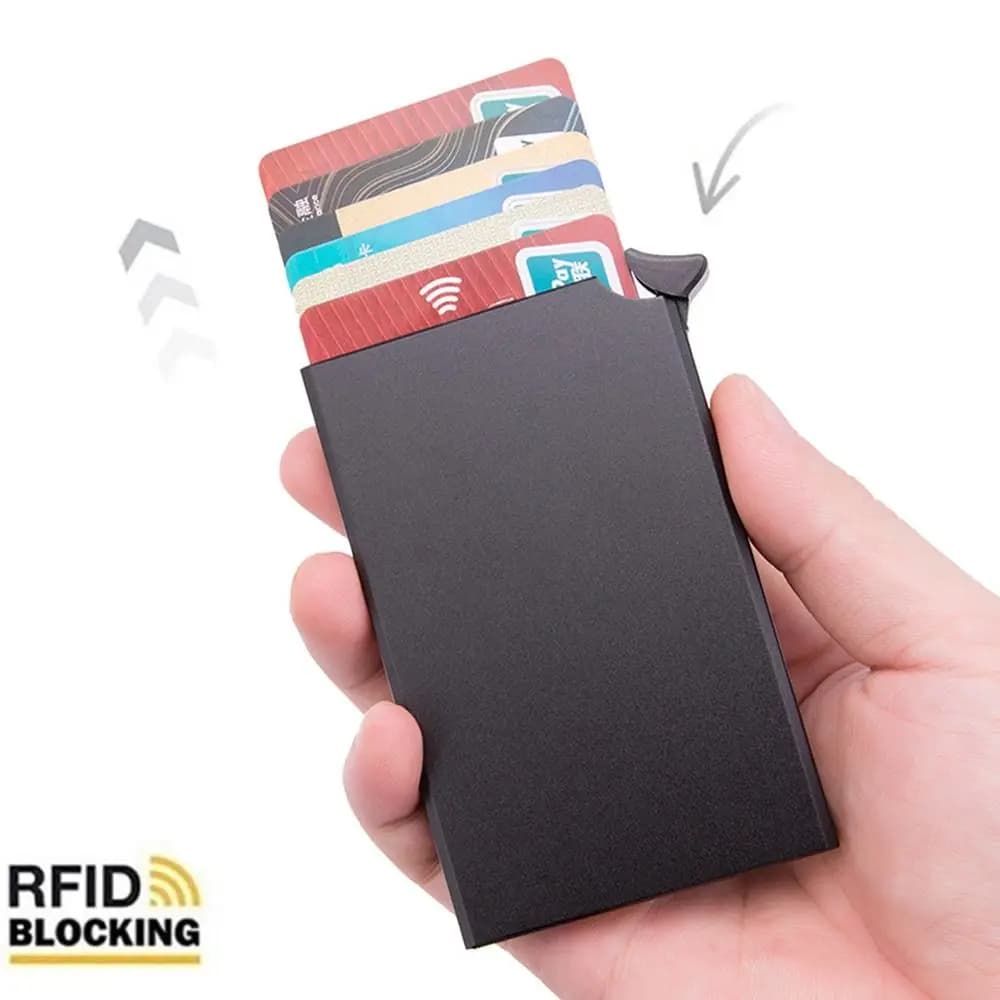Porta carte di credito portatile in lega di alluminio Porta carte RFID automatico pop-up Portafoglio antifurto Scatola per carte con blocco RFID per uomo e donna