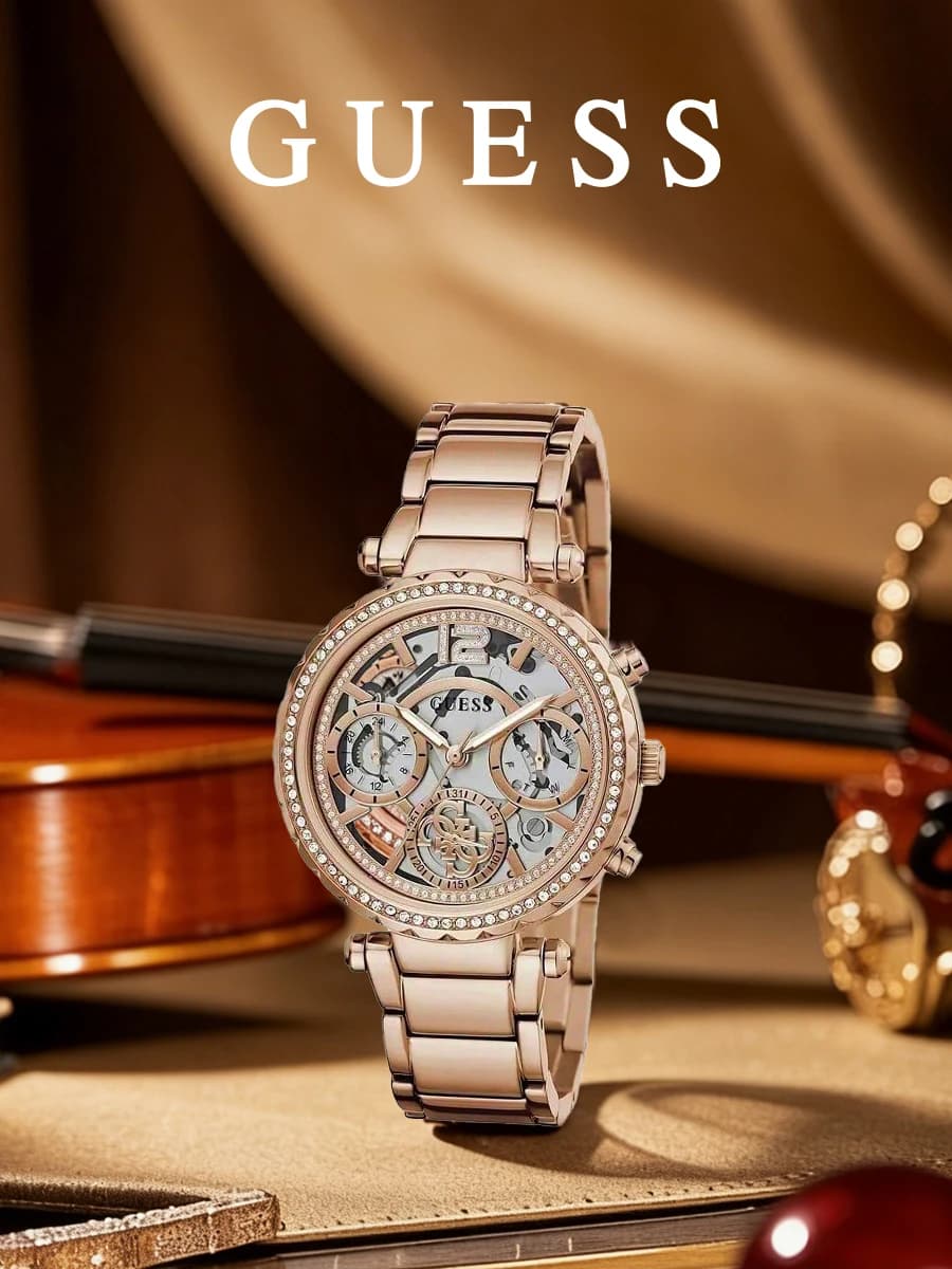 GUESS Women Watch GW0403L3 Skeleton Chronograph Quartz Rose Gold Steel Bracelet Crystal Bezel Party Gift For Lover Sister