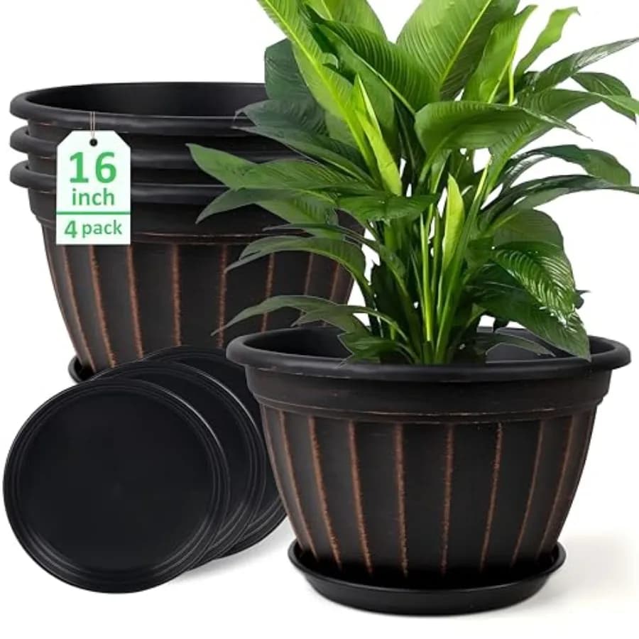 4 Pack 16 inch Plant Pots for indoor outdoor use, black plastic, retro vertical stripe design, sturdy with drainage holes and s