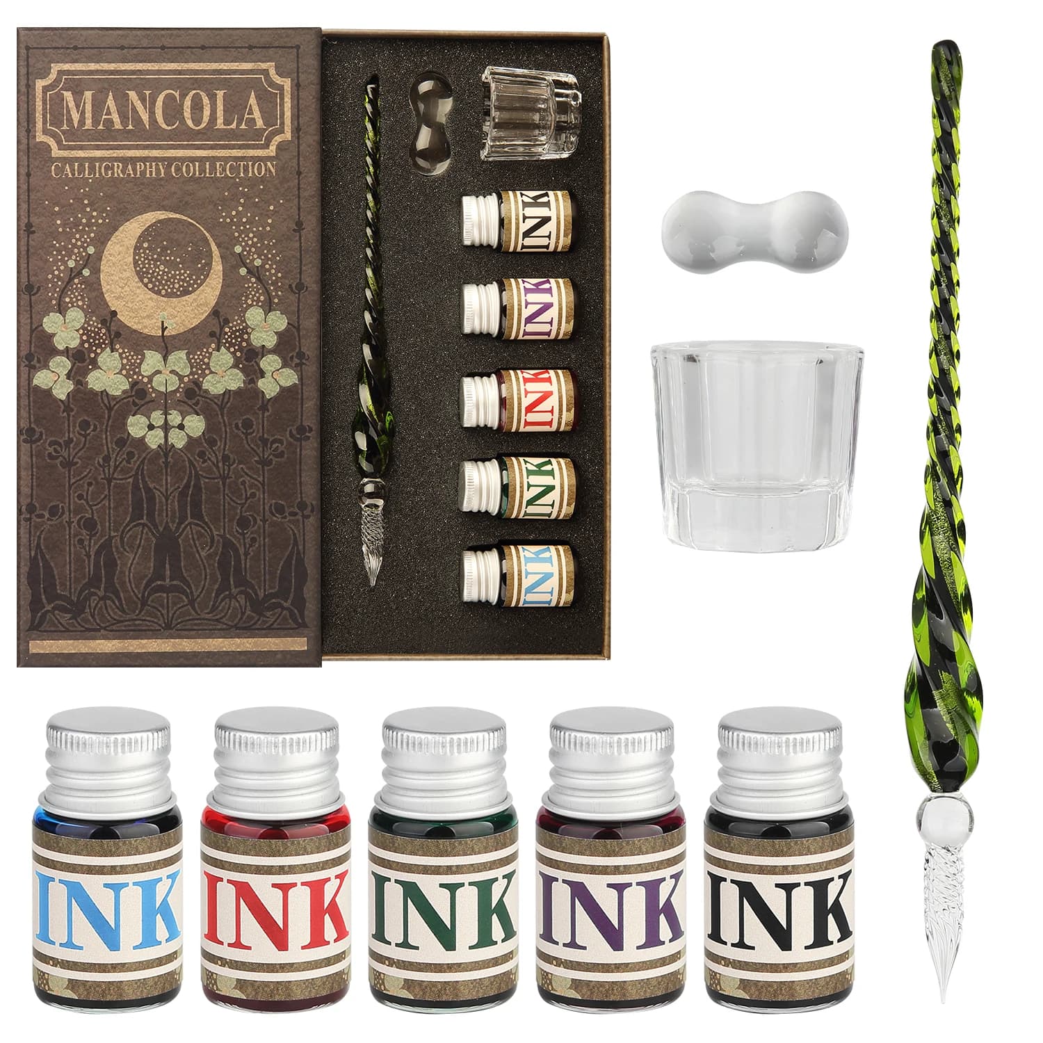 Glass Dipped Pen Ink Set Handmade Crystal Calligraphy Pen with 5 Colorful India Ink,1 Pen Holder, Calligraphy Kits for Beginners