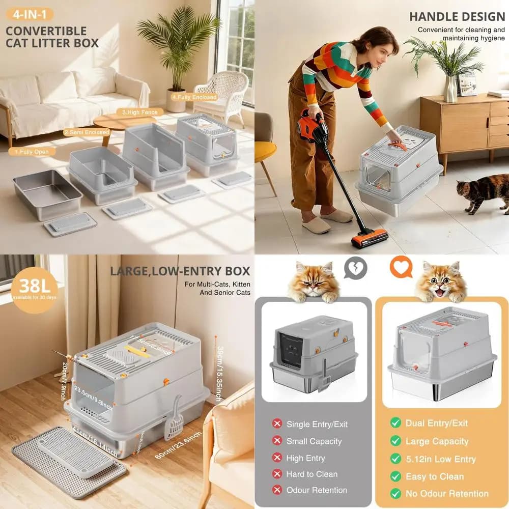 Lettiera per Gatti in Metallo Extra Large Chiusa con Coperchio, Ingresso dall'Alto, Facile da Pulire, con Paletta, Tappetino, Spazzola e Pedale - Grigio Chiaro