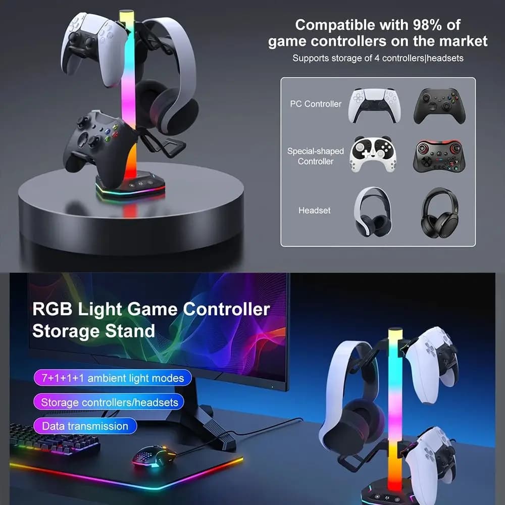 Supporto per cuffie con luce RGB Supporto per gamepad per trasmissione dati antiscivolo Supporto da tavolo per cuffie multifunzionale per Playstation5/PS5