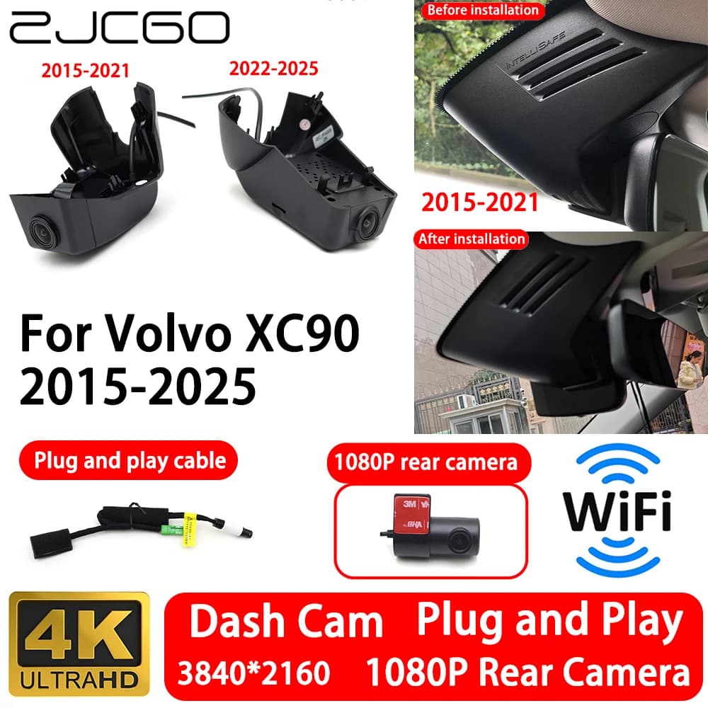 Telecamera Anteriore e Posteriore 4K 2160P per Volvo XC90 2015-2025, Dash Cam WiFi Plug and Play, Registratore Video con Registrazione in Loop e Visione Notturna