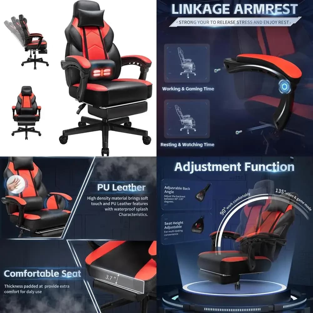 Ergonomic High-Back Gaming Chair with Lumbar Massage, 360° Swivel, Height Adjustable for Big and Tall Adults, Red