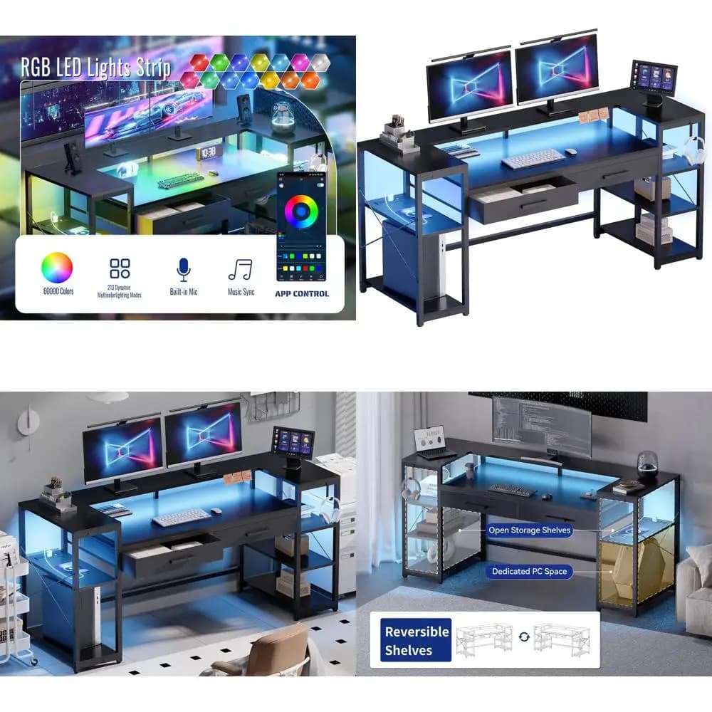 58 Gaming Desk with LED Lights, Monitor Stand, Shelves, and Power Outlets - Black