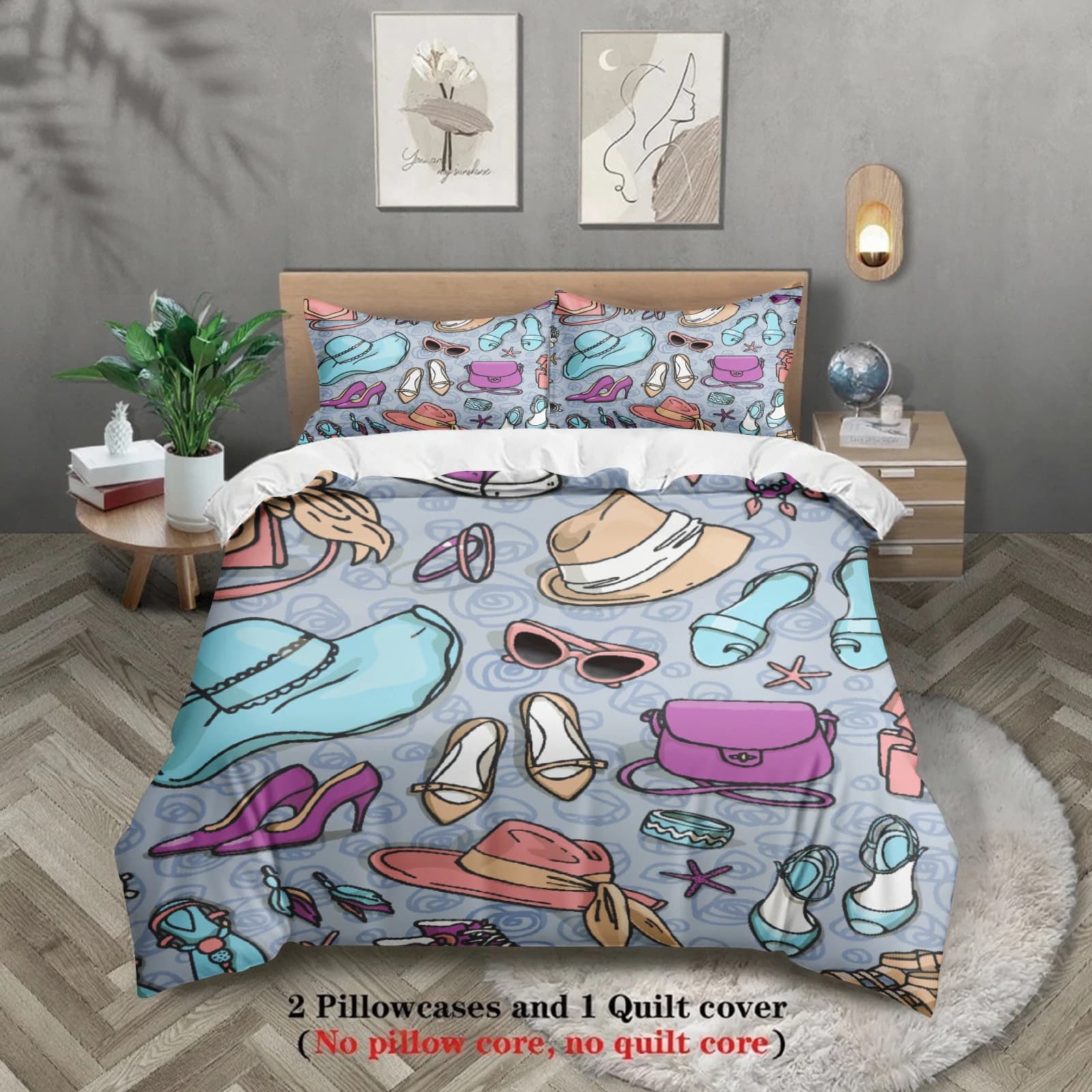 Set di 3 Accessori alla Moda per la Camera da Letto: Copripiumino Stampato in 3D con Cappelli, Scarpe e Borse, con Federe (Senza Imbottitura)