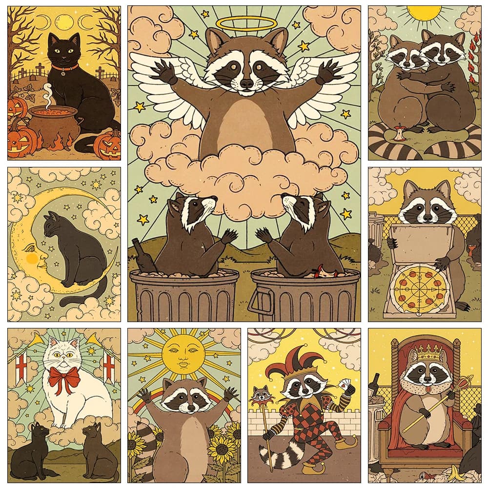 Tarocchi gatto 5D pittura diamante carino procione diamante pieno punto croce cartone animato animale ricamo mosaico arte decorazione della casa