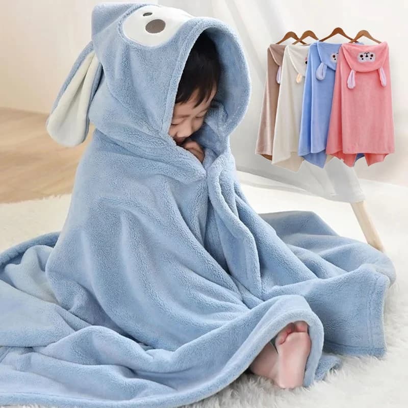 Super absorbent coral fleece hooded towel, fast drying, soft, with cartoon design, for children's bath
