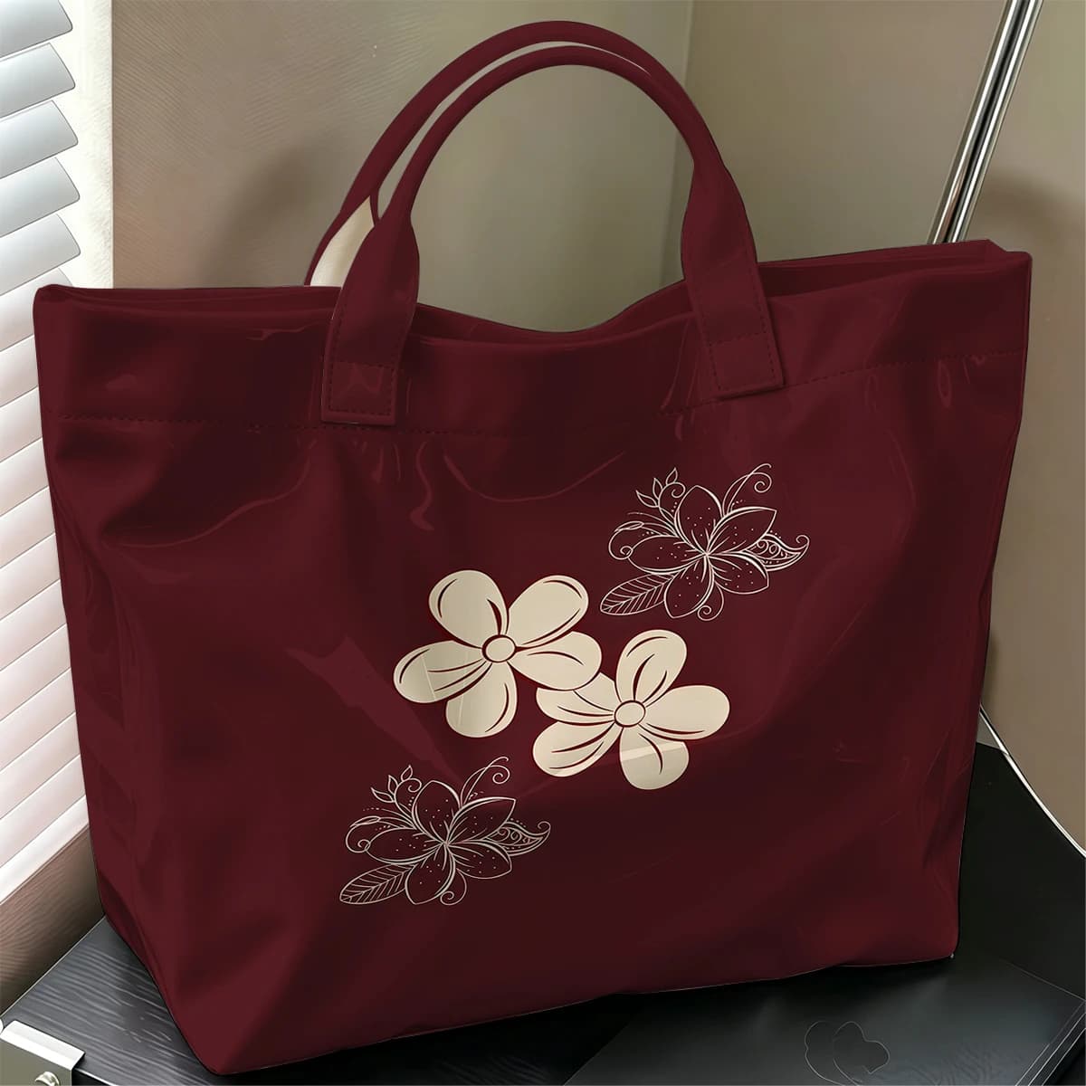 Burgundy & Beige Floral Cute Large Glossy PVC Tote Bag Hand Washable Lightweight Soft for Travel Commute Makeup Storage Handbags
