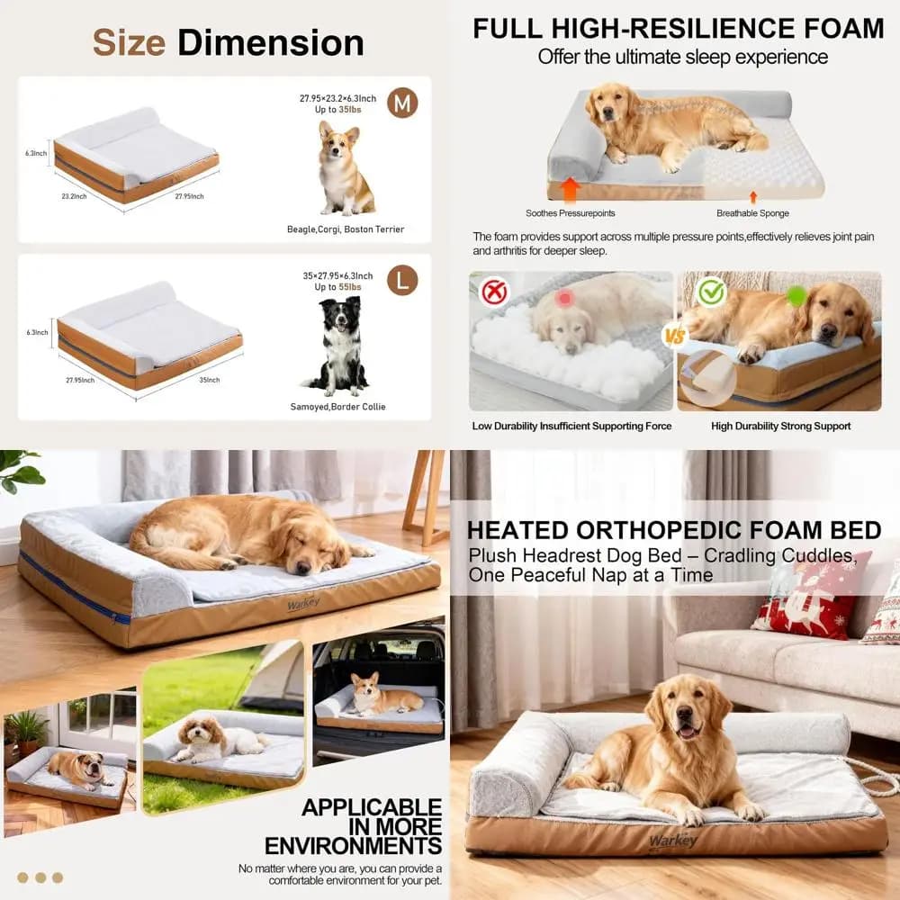 Letto per cani medio ortopedico in memory foam con copertura impermeabile e cuscino riscaldante, 27,95x23,2x6,3 pollici