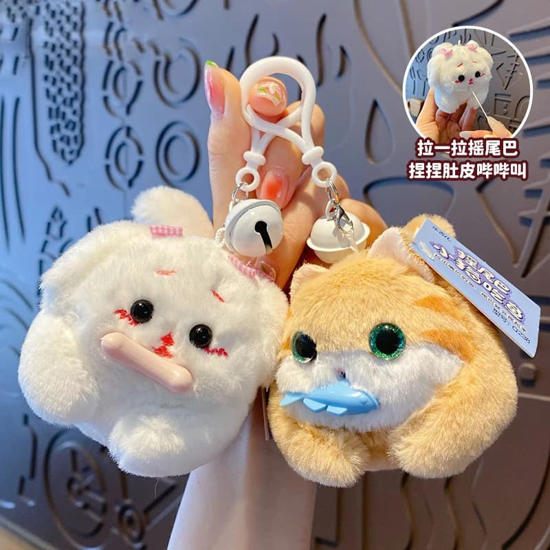 Cartoon peluche Pull Rope Wag Tail barboncino Dog Doll portachiavi Pinch Belly Beep Call Shiba Inu Eat Bone Cat Eat Fish Animal Keychain