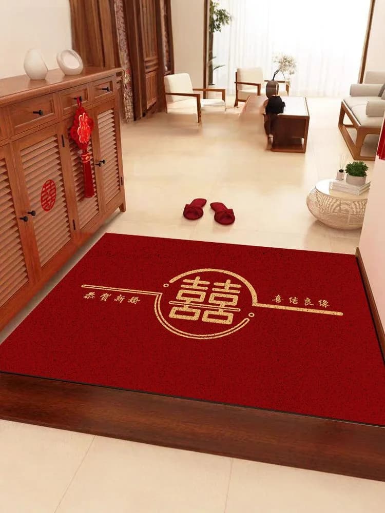 Wedding Entrance Mat Anti-Slip Door Rug Red Celebration Chinese New Marriage Entrance Door Mat Happin Character Door Carpet