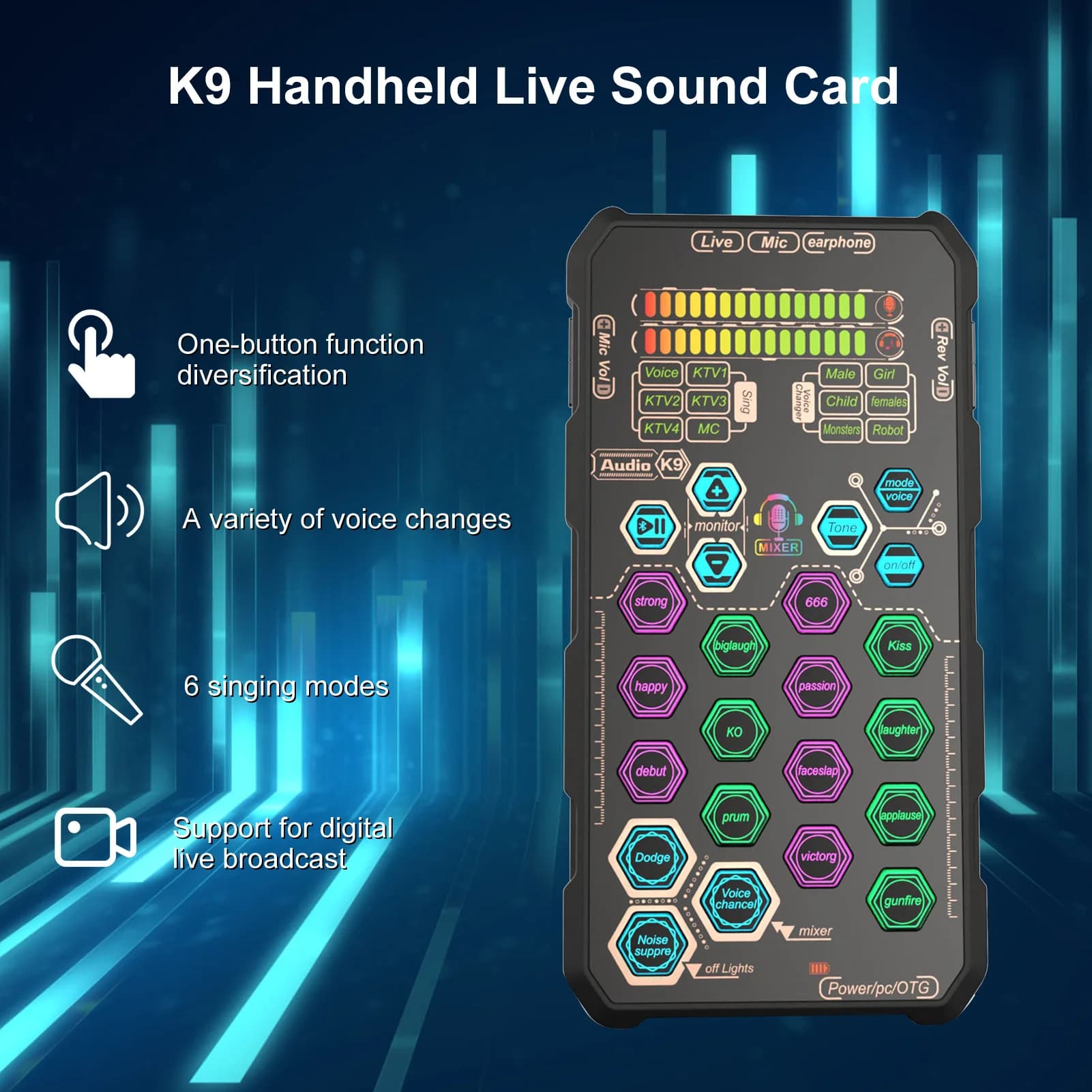 Attrezzatura per karaoke DJ K9 Scheda audio live portatile Set di schede audio con cambio vocale per trasmissione Podacsting Registrazione di canto