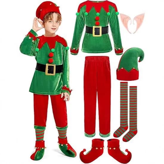 Christmas Elf Costume Set Green Red Velvet Outfit with Hat Belt Socks Shoes Covers for Holiday Party Cosplay