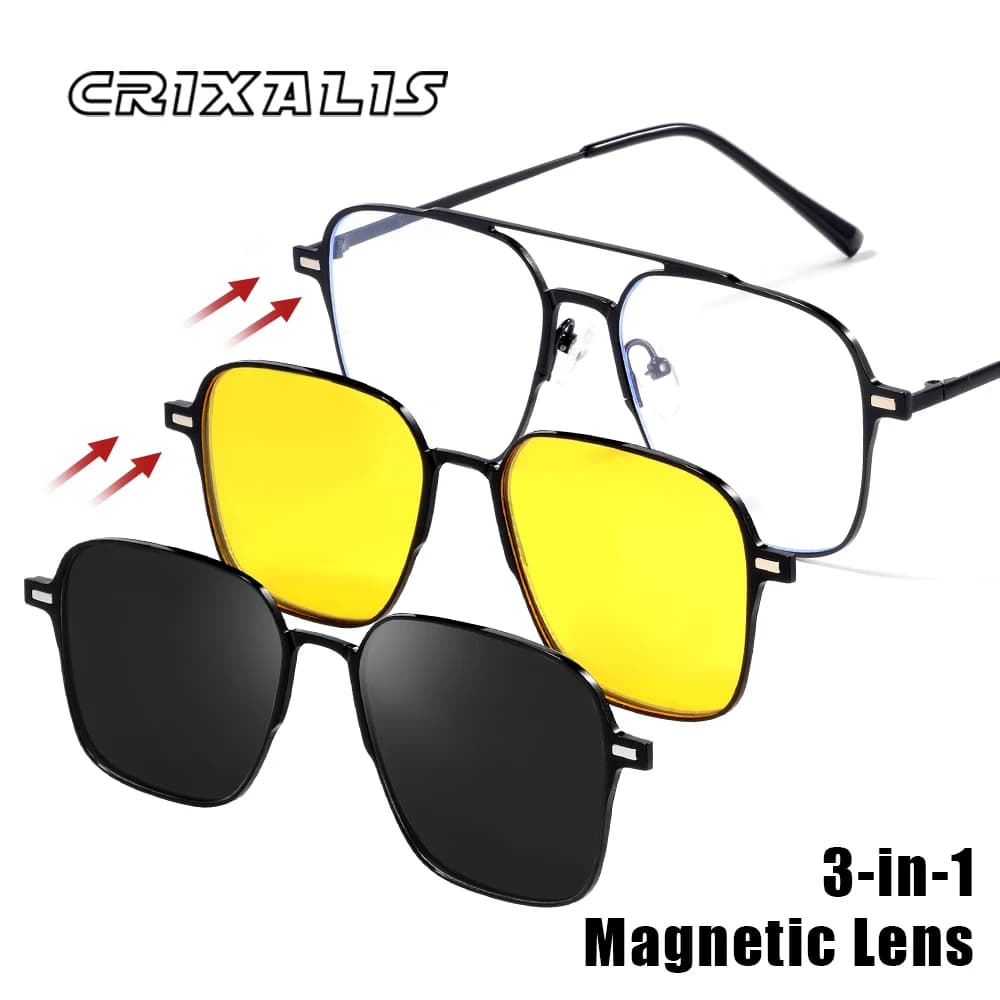 Metal 3 In 1 New Style Magnet Clip On Glasses Frame Trend Polarized Sunglasses For Men 2023 Optical Computer Glasses UV400 7009