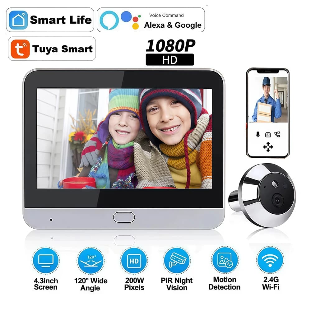 Visualizzatore porta WiFi da 4,3 pollici Smart Tuya Videocitofono Campanello Spioncino Audio bidirezionale Mini telecamera Rilevazione movimento Visione notturna