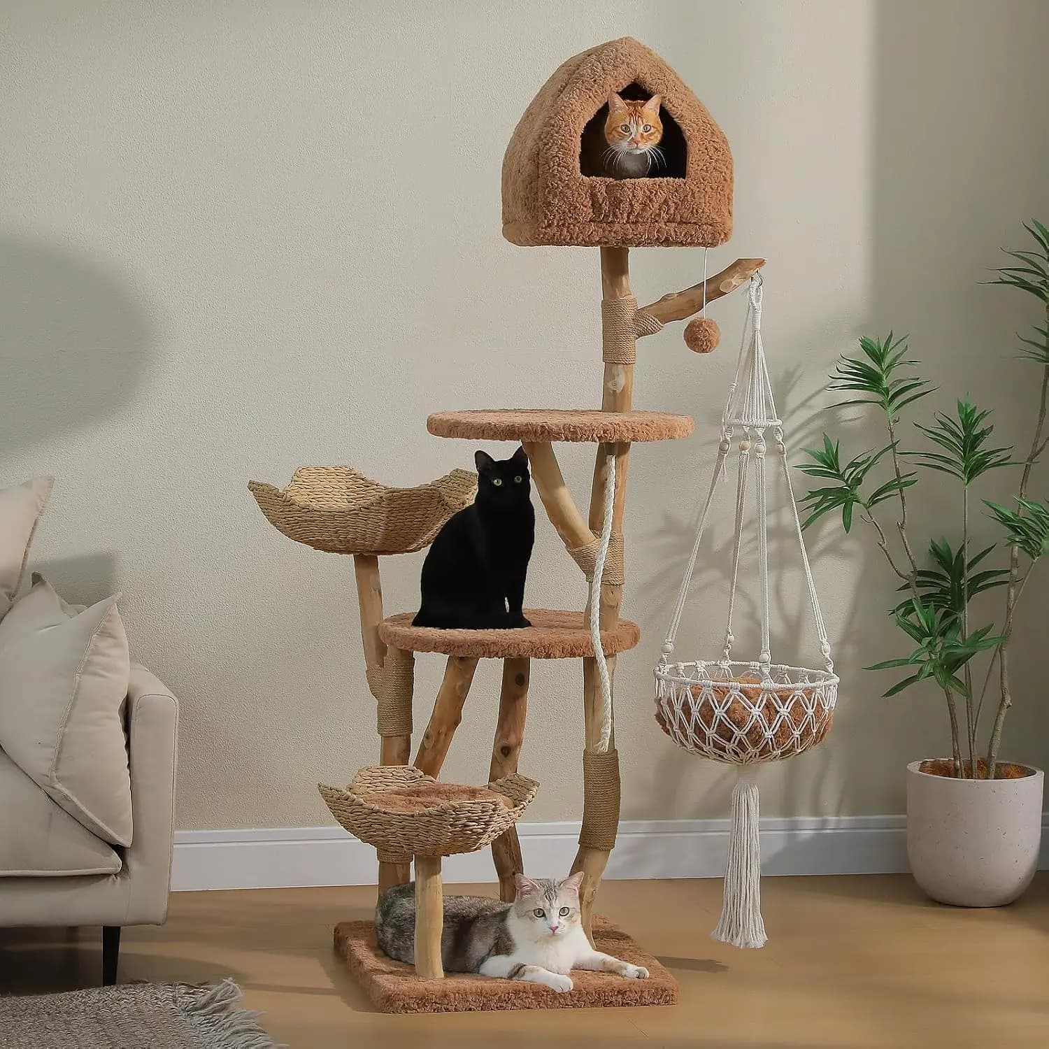 Large Wood Cat Tree for Indoor Adult Cats, 71" Tower with Scratching Posts, Hammock, Platform, Condo & 2 Baskets,Customized