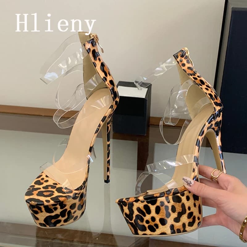 Hlieny Fashion Transparent PVC Open Toe Platform Sandals Women High Heels Ladies Summer Sexy Leopard Print Party Nightclub Shoes