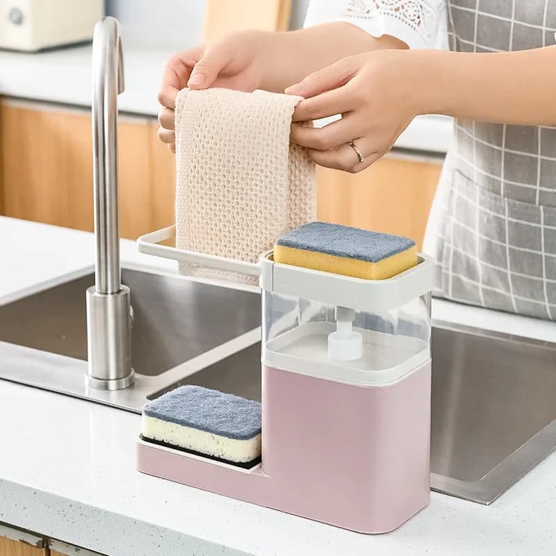 Scarico portaoggetti multifunzione Pressa per detersivo Scatola automatica per liquidi da cucina con portasciugamani per lavandino