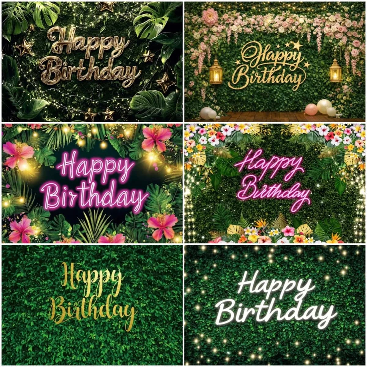 Grass Neon Theme Happy Birthday Background Green Grass Pink Flower Women Birthday Party Decoration Banner Photography Backdrop