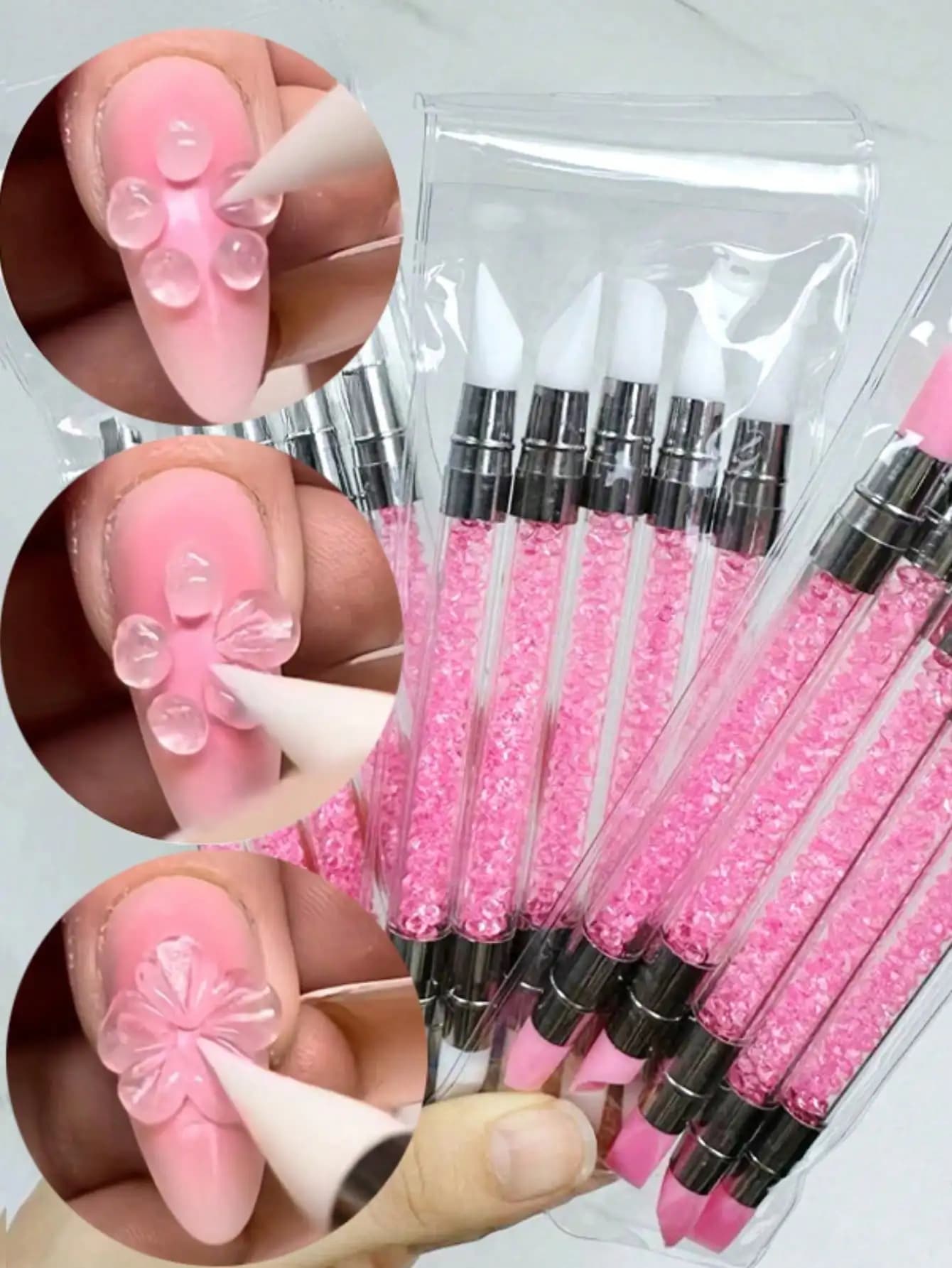 5pcs/Set Pink Double-Ended Rhinestone Nail Art Silicone Carving Pen, 3D Flower Carving DIY Nail Brush Dotting Pen