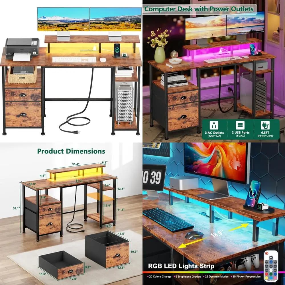Large reversible desk for home office with card, monitor support, power outlet and LED lights