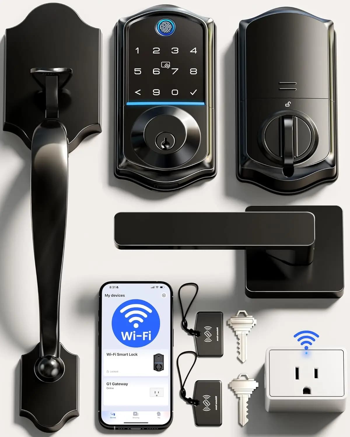 VE017G-H Serratura Intelligente Wi-Fi con Impronta Digitale per Porta d'Ingresso, Controllo Remoto tramite App, Ingresso Senza Chiave con Maniglia, Tastiera Retroilluminata, IP