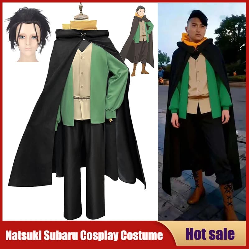 Anime Re:zero Starting Life in Another World Cosplay Costume Re:Zero Natsuki Subaru Black Cloak Vest T-shirt Pants Scarf Wig Set