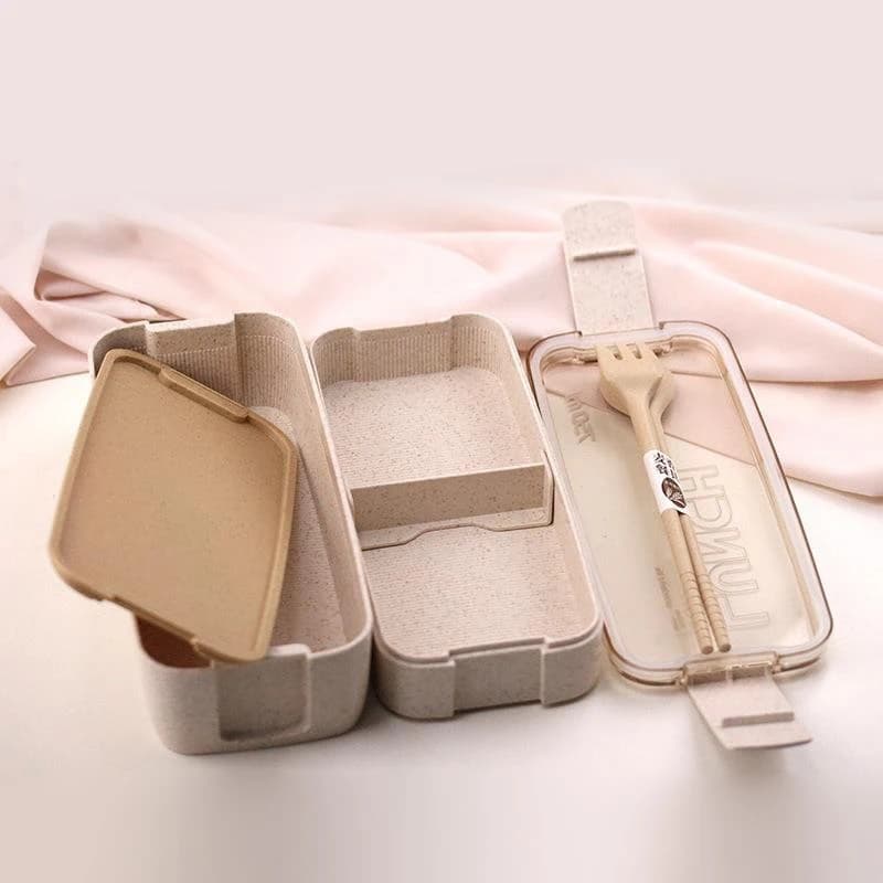 Lunch Box in paglia di grano a doppio strato con forchetta e cucchiaio Lunch Box portatile sicuro per microonde per impiegati e studenti