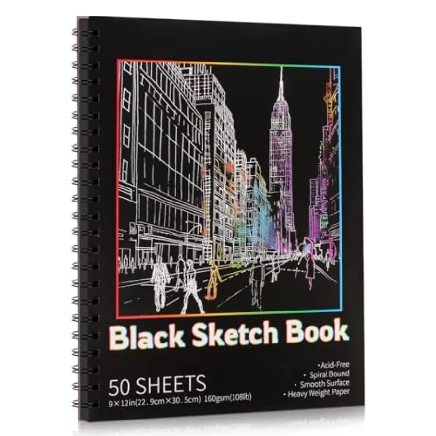 50 Sheets Black Paper Sketchbook, 08 lb/60gsm Heavyweight Black Sketch Pad 9×, Acid-Free Drawg Paper, Spiral Bound Sketch Book