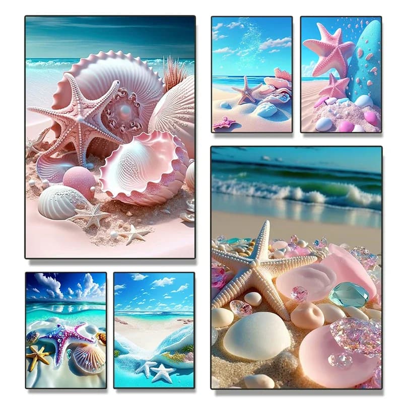 Simplicity Pink Pearl Seashell Starfish Coast Beach Poster Girly Summer Diamond Painting Wall Art Trendy Wall Art Room Home De