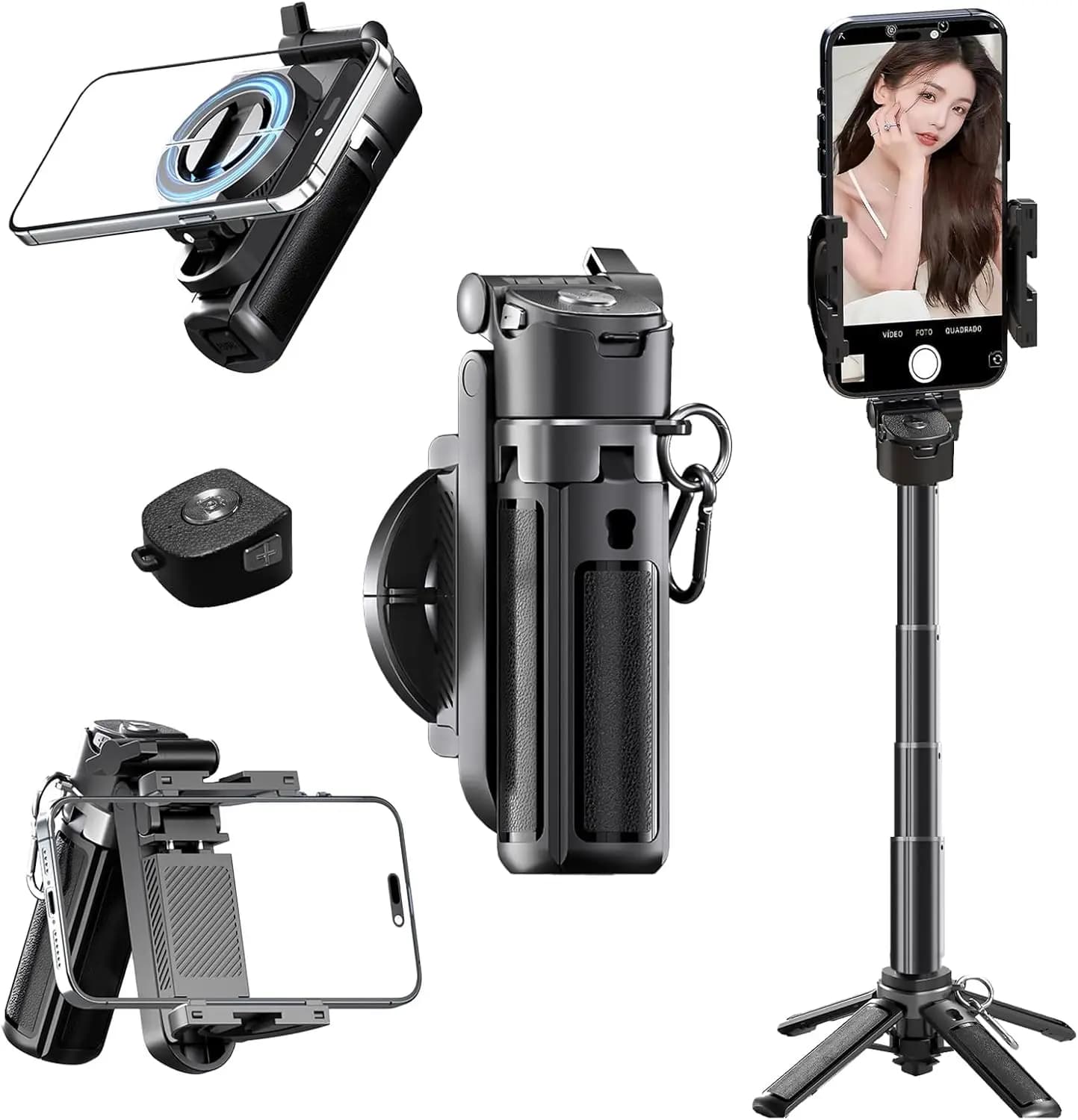 Mini Asta Magnetica per Selfie per iPhone, Treppiede Portatile 4 in 1 per iPhone MagSafe/Android con Telecomando/Attacco Cold Shoe