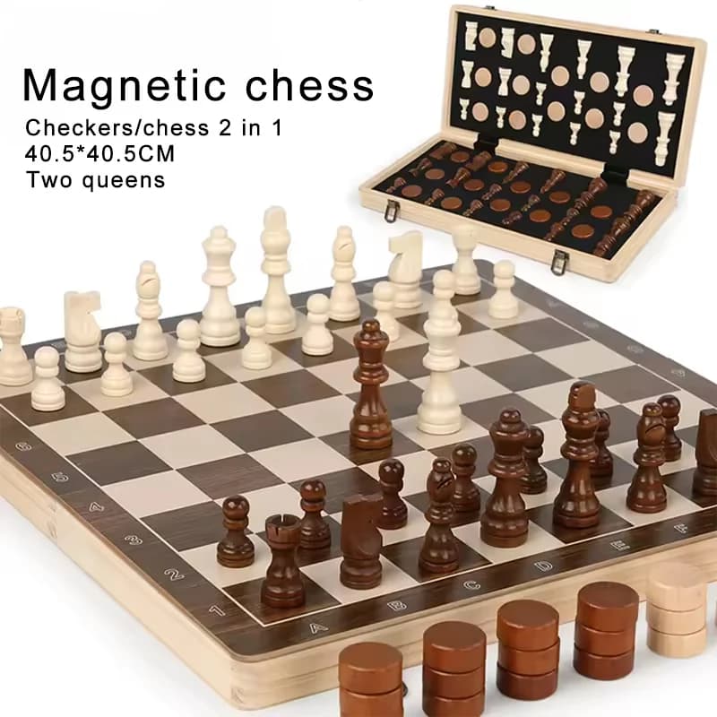 Set di scacchi magnetici 2 in 1 e gioco da tavolo di dama Scacchiera pieghevole in legno da 15 pollici con 2 set di scacchi da viaggio portatili Extra Queens