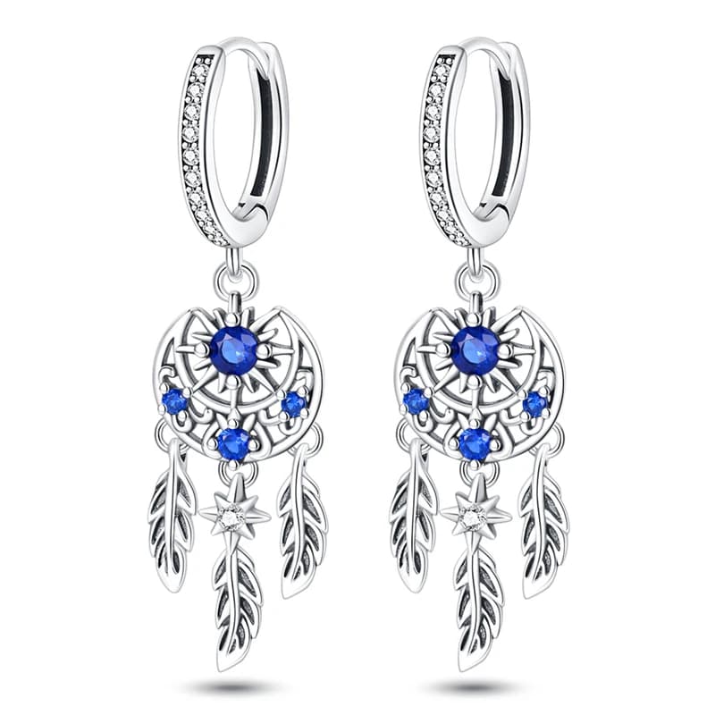 Original 925 Sterling Silver Earrings Women Blue DreamCatcher Hoop Earrings For Anniversary Wedding Jewelry Gifts