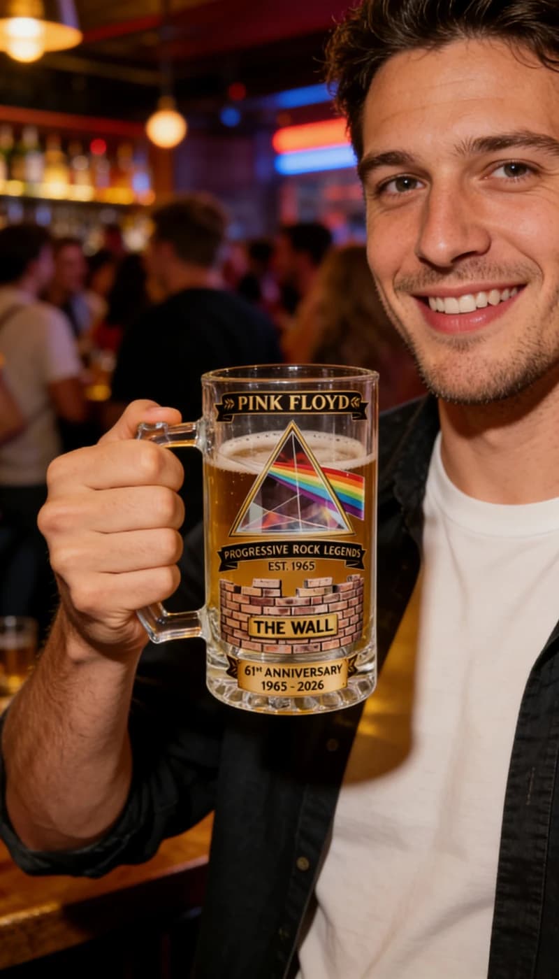 Boccale da Birra Commemorativo Pink Floyd 61° Anniversario - 1965-2026, Boccale in Vetro Prisma The Dark Side of The Moon per i Fan del Rock