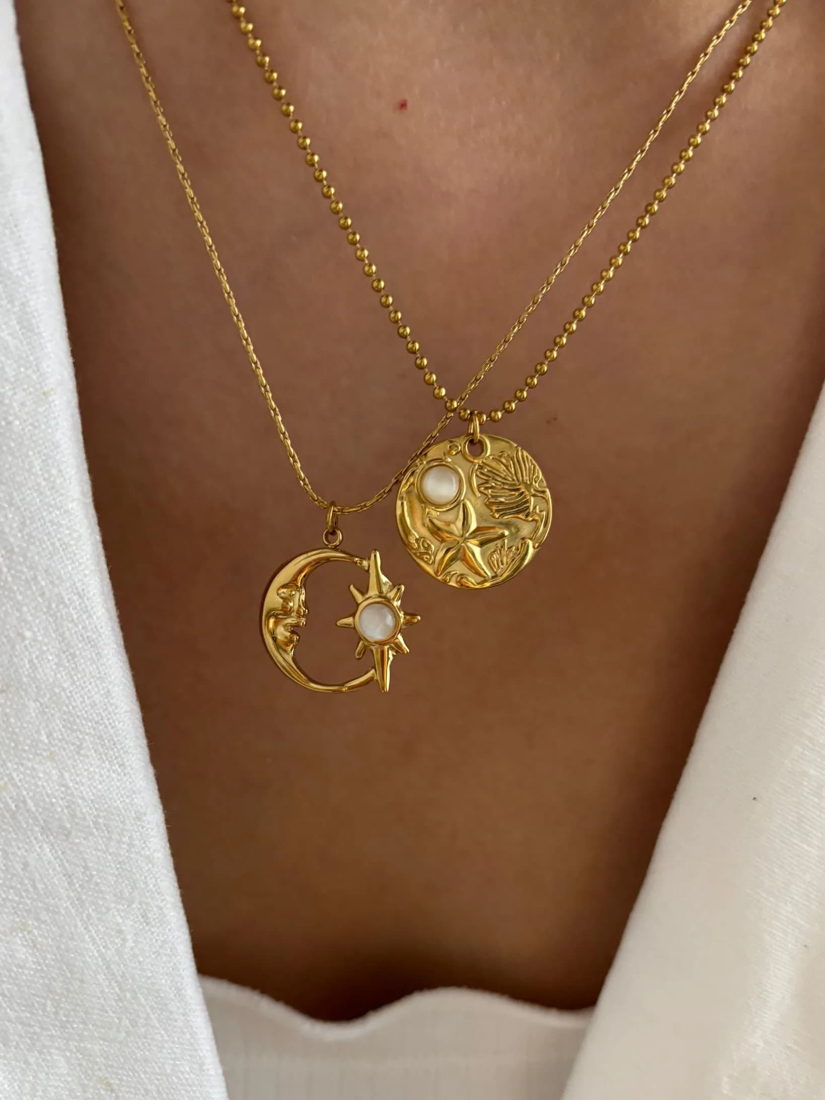 Peri'sbox Moda Placcato Oro Luna Starburst Rotondo Occhio di Gatto Collane con Ciondolo in Pietra per Donne Regali di Gioielli Quotidiani in Acciaio Inossidabile