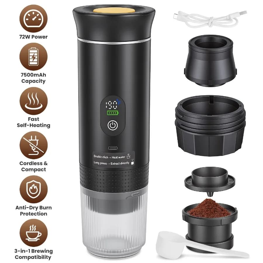 Macchina per Espresso Portatile 3-in-1 Senza Fili con Autoriscaldamento, Batteria da 7500mAh, Pressione 20 Bar, Protezione Anti-Surriscaldamento, Compatibile con G