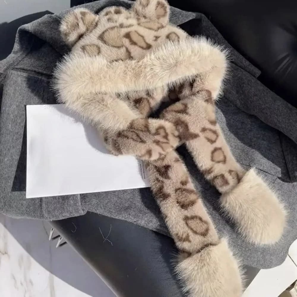 Nice scarf with hood 2 in 1 with leopard print Keep warm ear protection Scarf for winter hat Synthetic fur windproof scarf for women