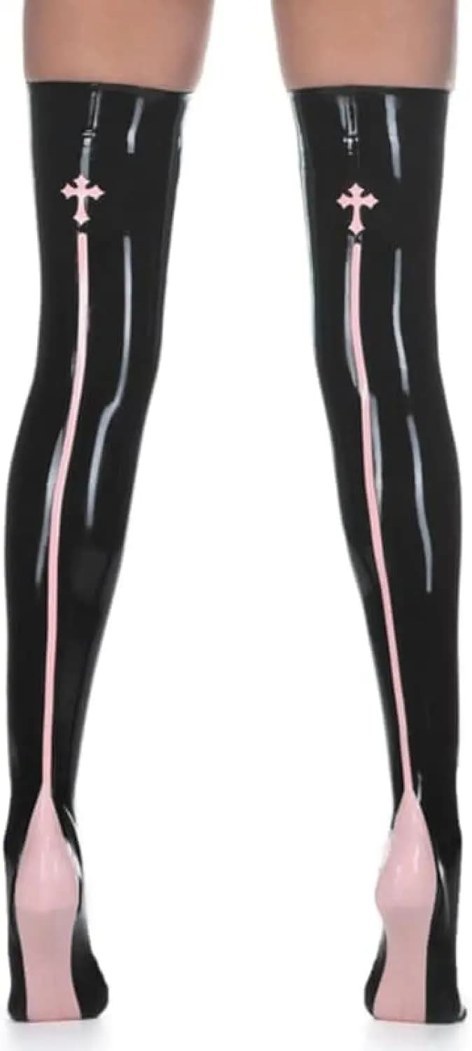 Sexy Long Latex Stockings with Cross and Stripes At Back Heel Rubber Thigh High Stockings