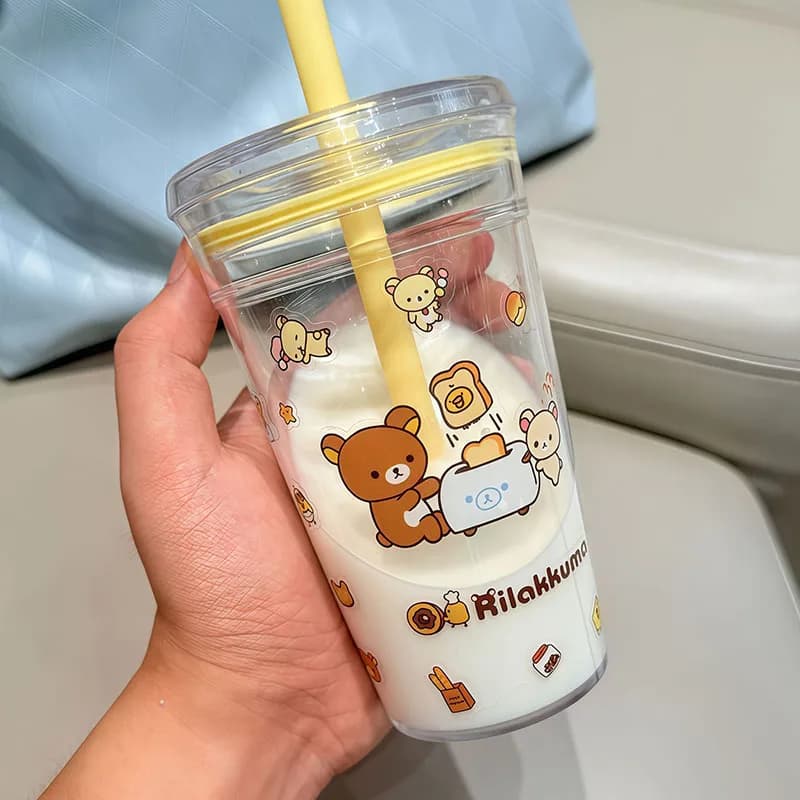 Rilakkuma Straw Cup Large Capacity Transparent Double Layer Cute Cartoon Cold Drinks Water Bottle Portable For Girls