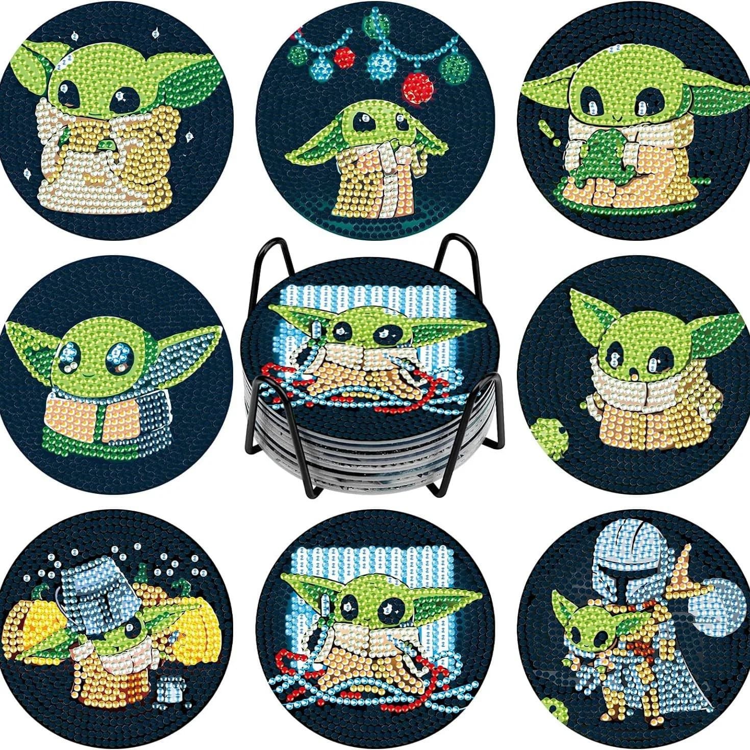 Sottobicchieri con Personaggio Cartoon Master Yoda per Pittura Diamante Fai-da-Te con Supporto, Souvenir di Personaggi Cartoon, Nuovi Arrivi