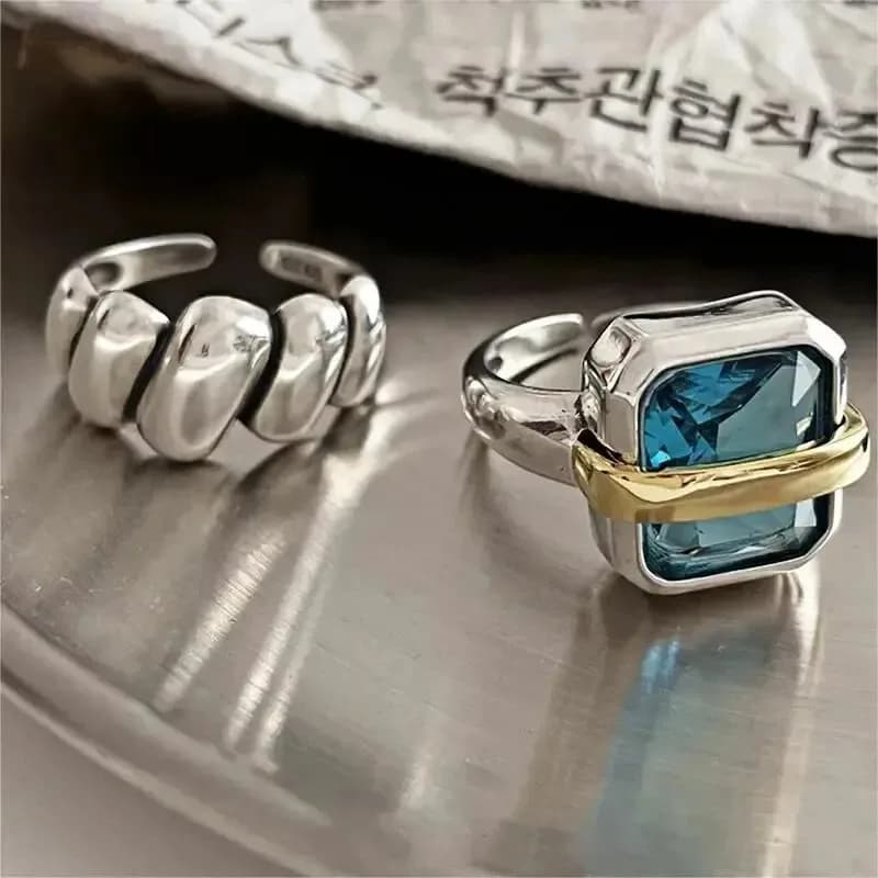 Anello Regolabile alla Moda per Donne, Popolare Anello Apribile Blu Argento Lucido per Feste, Gioiello Delicato Impilabile, Regalo Carino per Lei