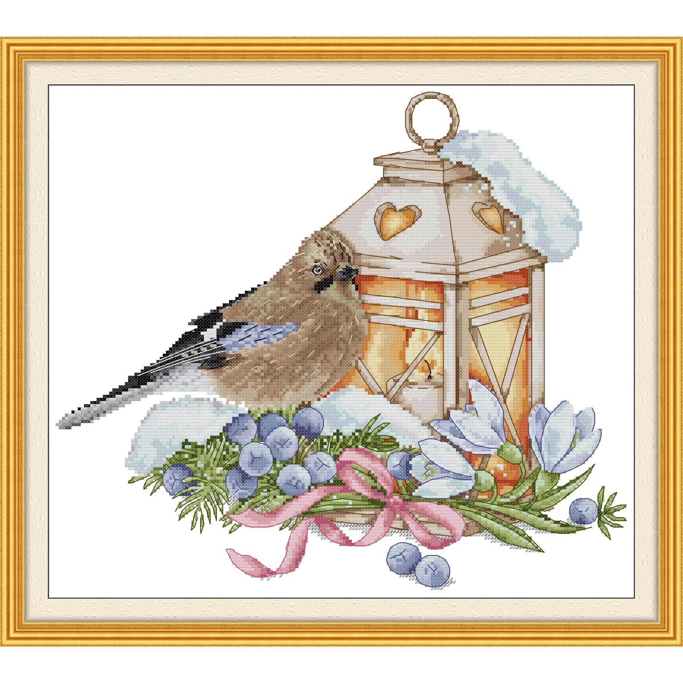 Joy Sunday News Pre-Printed Cross Stitch Kit, Stamped Aida Fabric with DMC Threads, Embroidery Kit - Birds and Lights in Winter